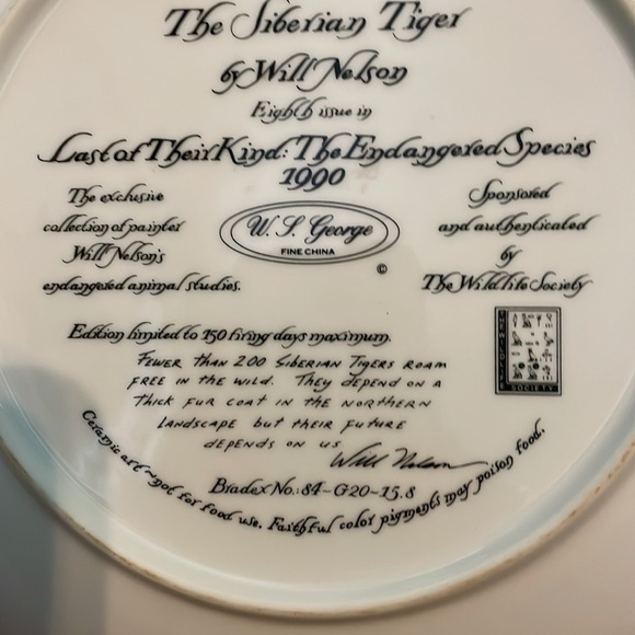 The Siberian Tiger Will Nelson Vintage Last of Their Kind Endangered Plate - Picture 6 of 16